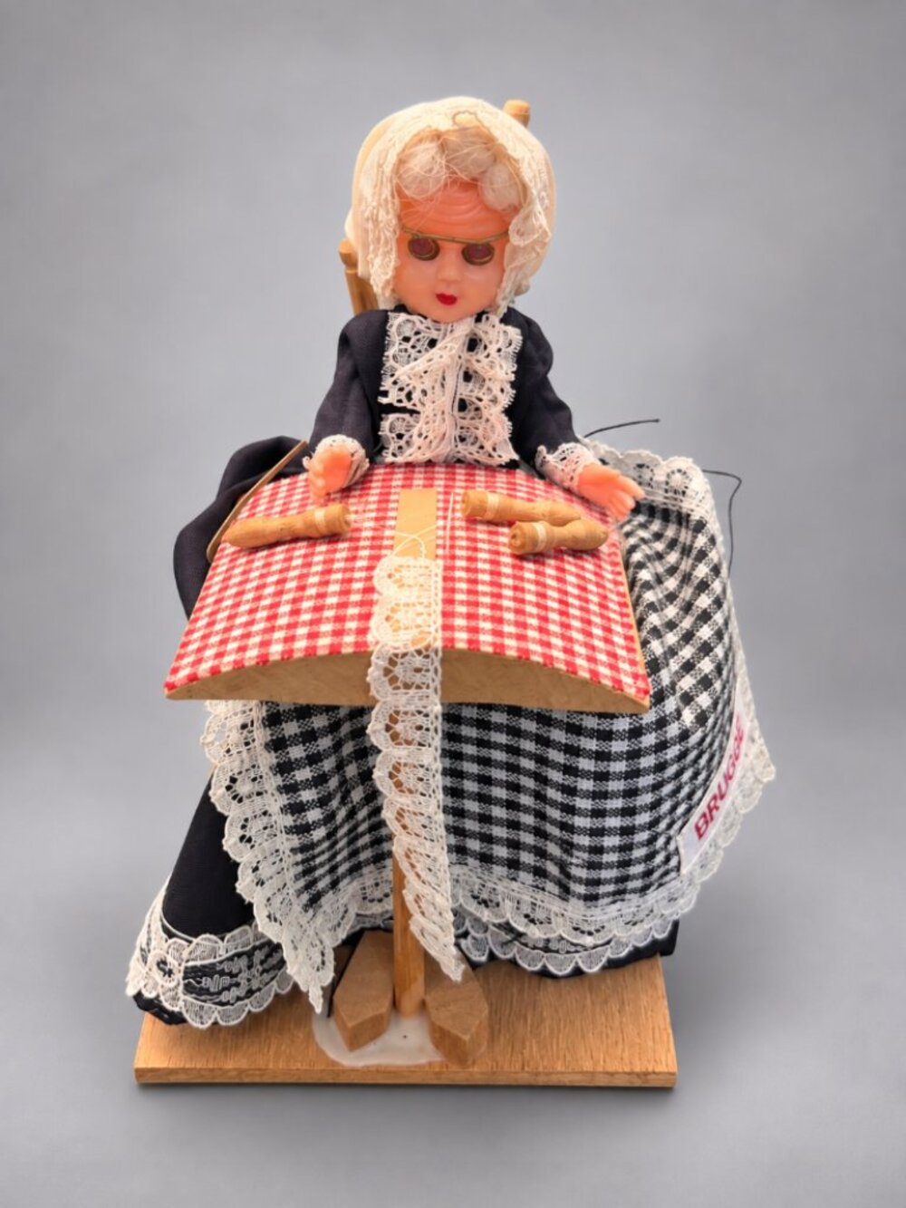 Vintage Belgian Bruges Lace Maker Doll 6" Folk Art Bobbin Lace Chair Figurine